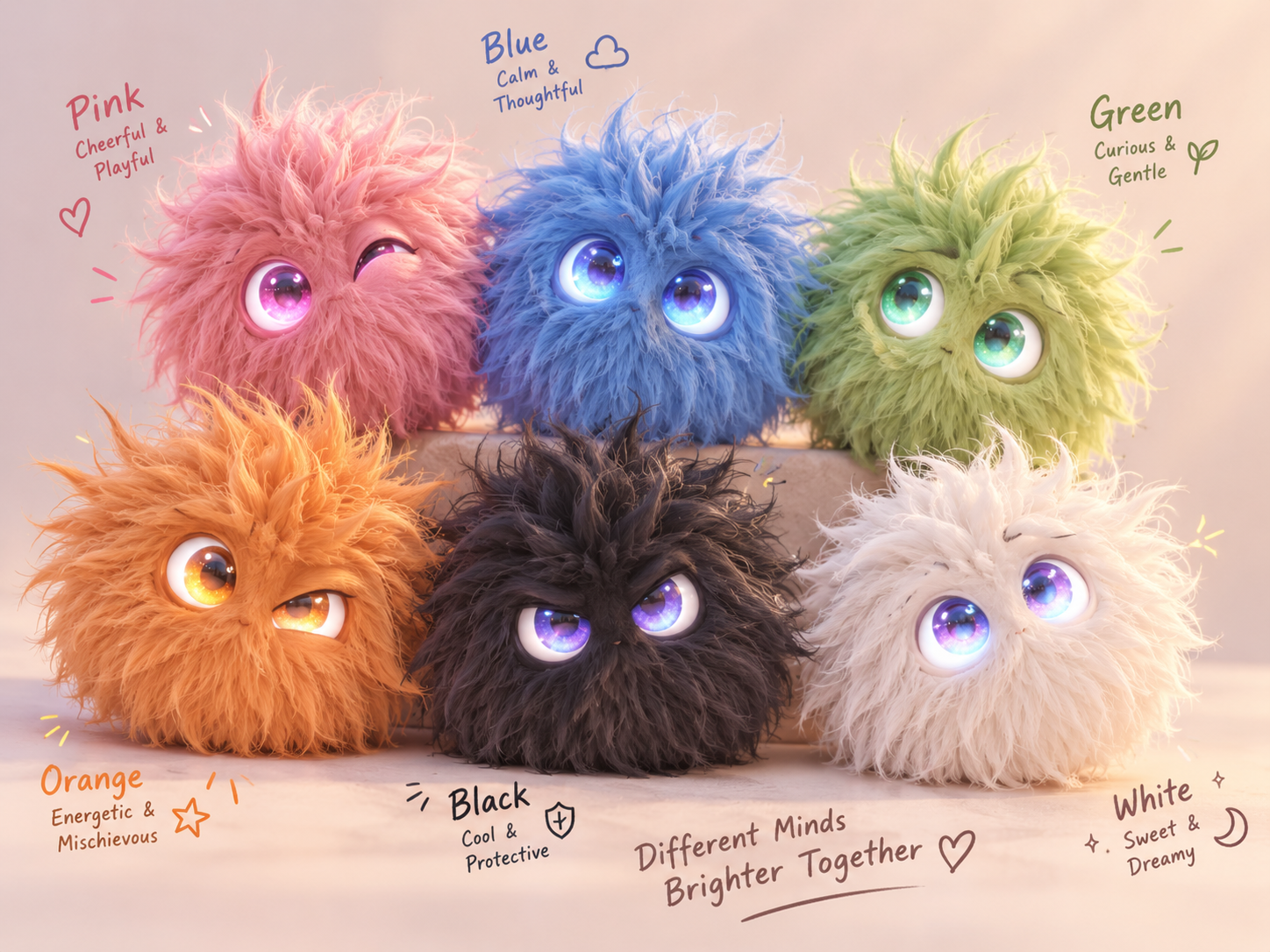 Six fluffy AI companion concepts: cheerful pink, thoughtful blue, curious green, energetic orange, protective black, and dreamy white